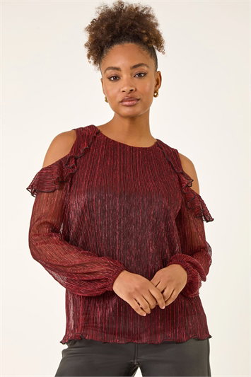 Red Shimmer Plisse Cold Shoulder Top
