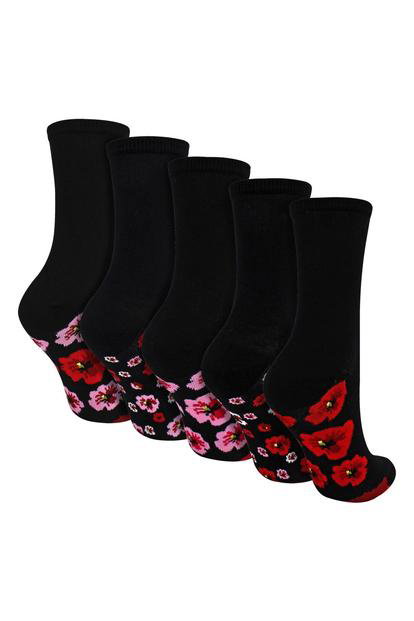 Multi 5 Pairs Ladies Poppy Footbed Socks - Soft Cotton Rich Floral Everyday Socks