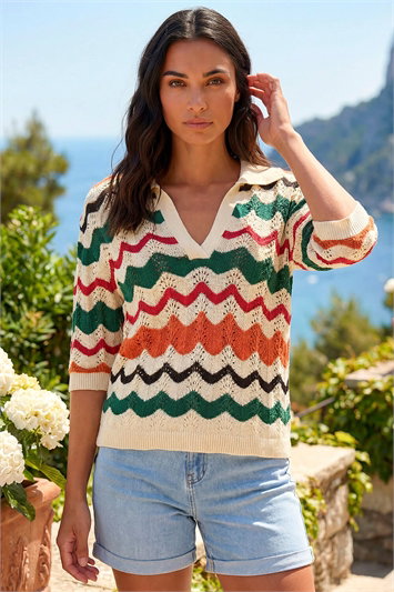 White Collar Wave Stripe Knit Top