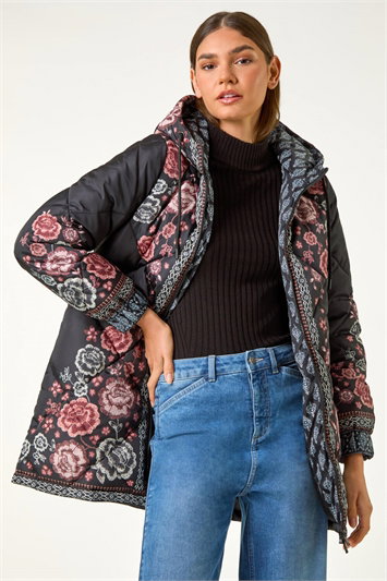 Floral Print Quilted Hooded Coat 12031908