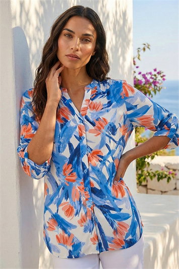 Blue Floral Print Longline Blouse