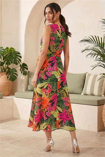 Leaf Print Chiffon Pleat Neck Midi Dress 14859108
