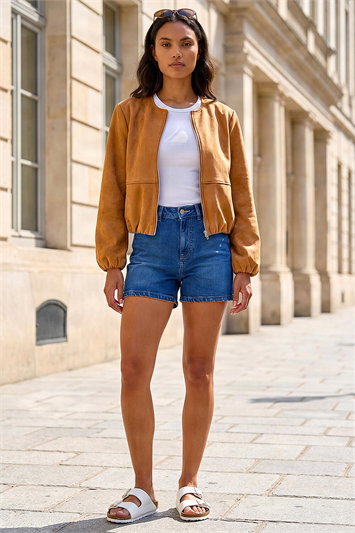 Brown Faux Suede Bubble Hem Jacket