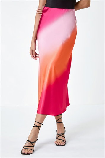 Orange Ombre Print Satin Elastic Waist Midi Skirt