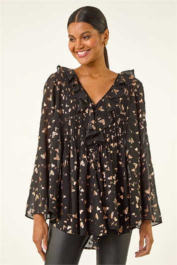 Foil Heart Print Frill Front Blouse 10215879