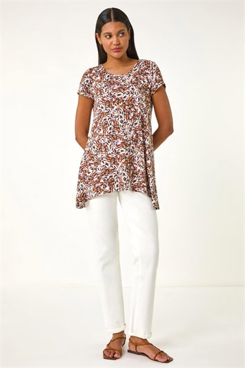 Brown Animal Print Hanky Hem Stretch Top