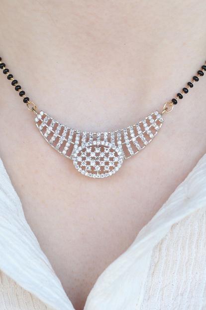 Metallic Indian Nazaria Silver Zircon Dangle Mangalsutra Black Beads Earring And Pendant Necklace