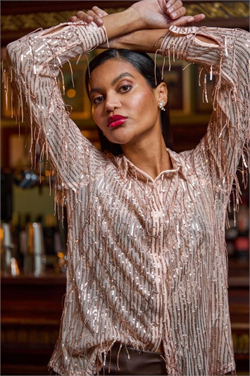 Pink Sequin Tassel Stretch Shirt