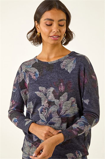Purple Floral Printed Bubble Hem Top