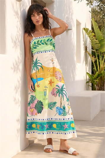 Beach Print Strappy Midi Dress 14723338