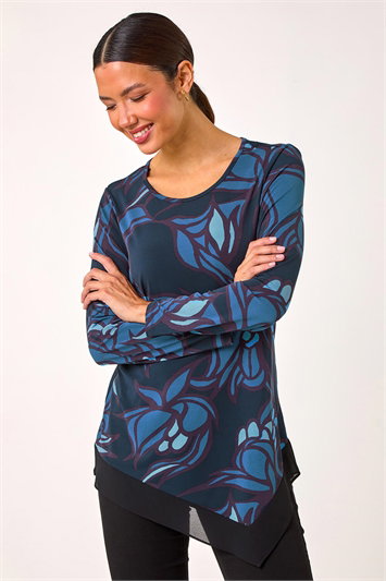 Blue Floral Print Chiffon Hem Top