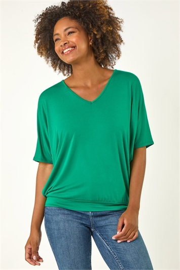 Green V-Neck Grown On Sleeve Stretch Top