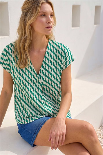 Green Wave Stripe Print V-Neck Top