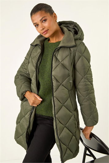 Green Hooded Diamond Quilt Padded Coat