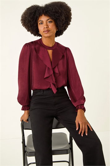 Red Ruffle Front Keyhole Satin Top