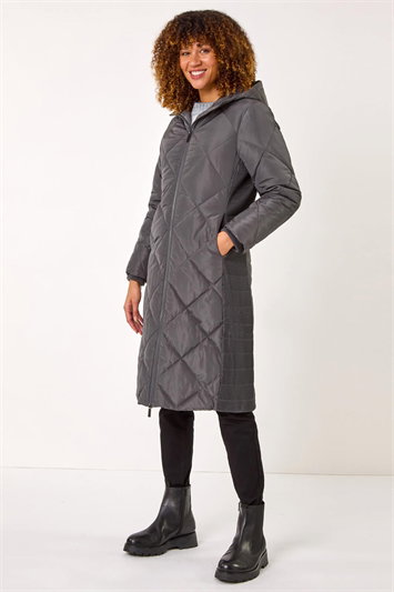 Longline Diamond Quilt Hooded Coat 12032118