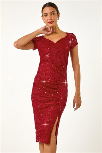 Shimmer Lace Side Ruched Stretch Dress 14447578