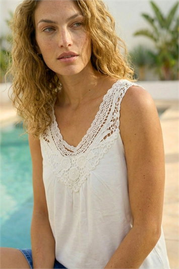 White Cotton Crochet Trim Vest