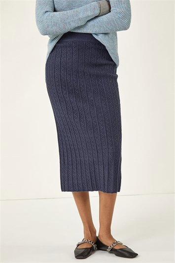 Blue Cable Knit Midi Pencil Skirt