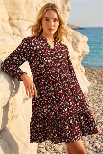 Red Floral Print Buttoned Dress