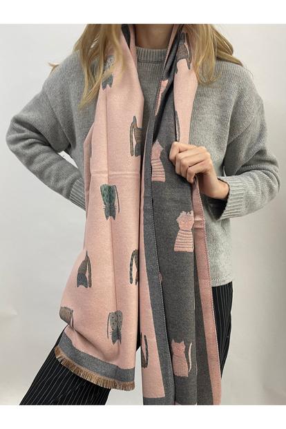 Pink Cat Printed Scarf In Pink & Grey - Wool Blend