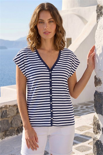 Blue Petite Stripe V-Neck T-Shirt