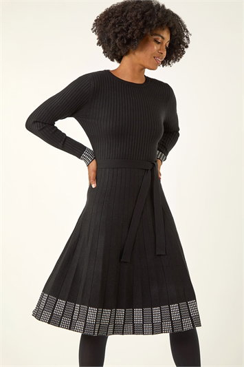 Black Ribbed Stretch Knit Border Print Dress