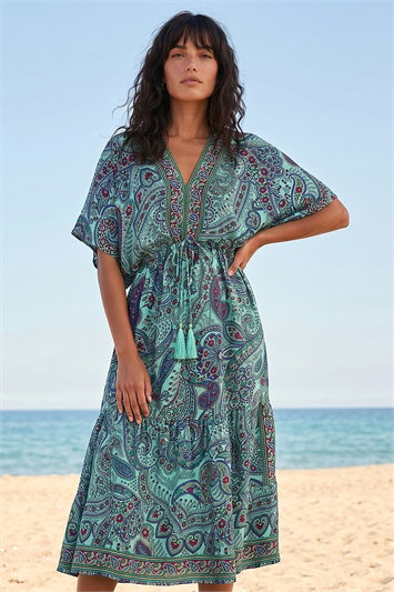 Green Paisley Print V-Neck Midi Dress