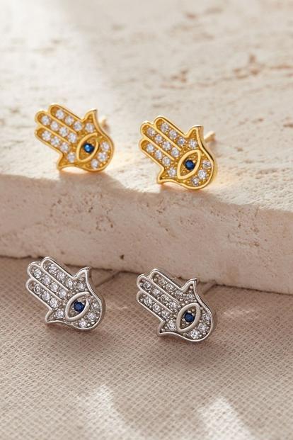Metallic Sterling Silver Cz Hamsa Hand Studs