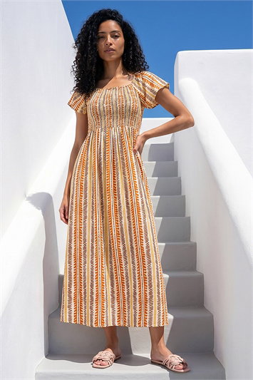 Orange Abstract Stripe Shirred Midi Dress