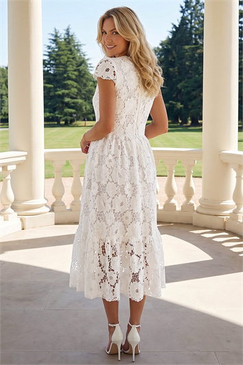 bardot lace midi crochet dress Adoni Crochet Midi Dress In Orchid White
