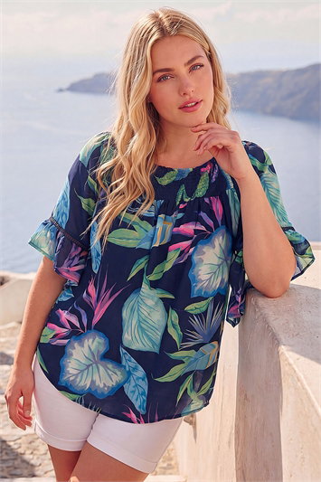 Blue Curve Floral Print Shirred Bardot Top