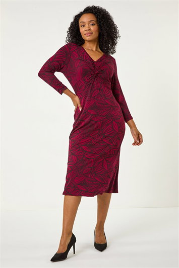 Petite Leaf Print Twist Midi Dress 14702095