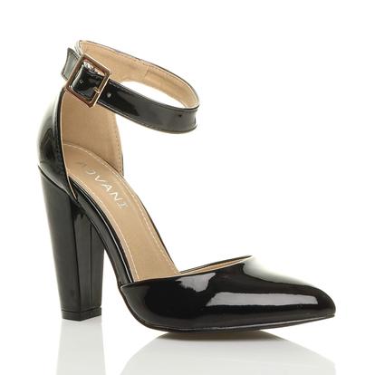 Black High Heel Ankle Strap Pointed Toe Court Shoes