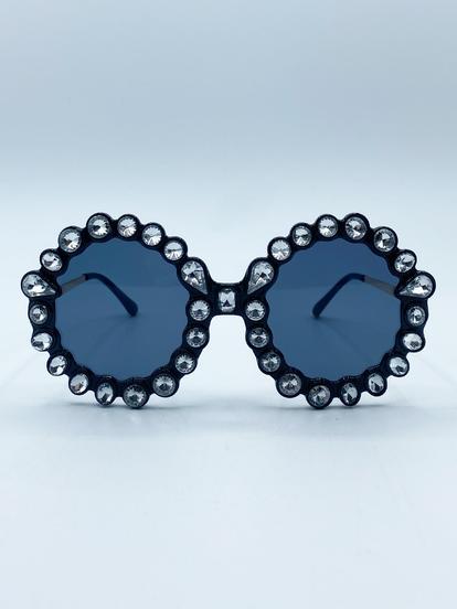 Black Round Floral Gem Novelty Sunglasses In Black