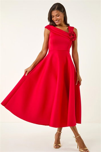 Red Corsage Premium Stretch Midi Dress