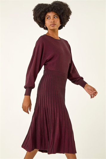 Red Shimmer Pleated Knit Midi Dress