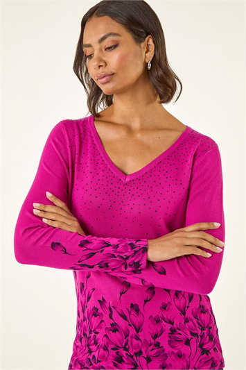 Pink Embellished Floral Print Knit Jumper