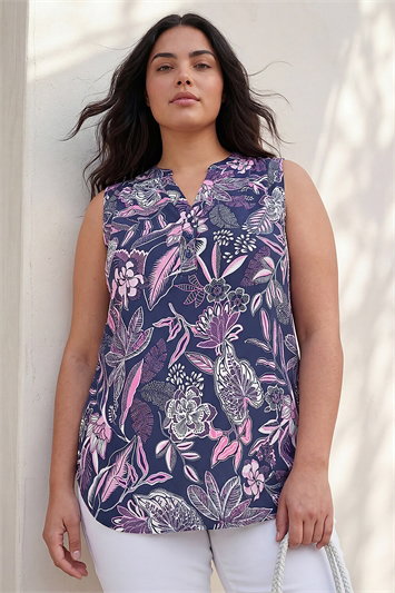 Pink Curve Textured Floral Print V-Neck Top
