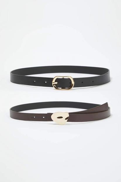 Multi Double Pack Gold Tone Mixed Buckle Slim Faux Leather Belt