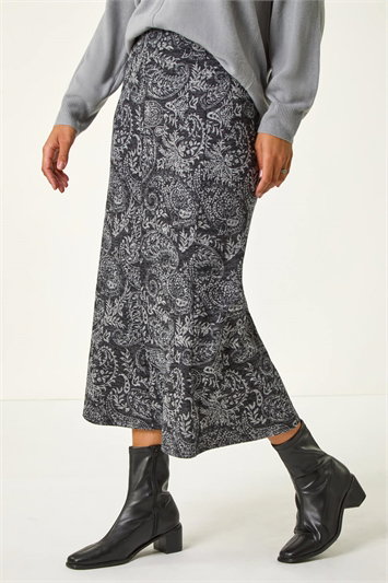 Grey Leaf Print Panelled Tulip Skirt