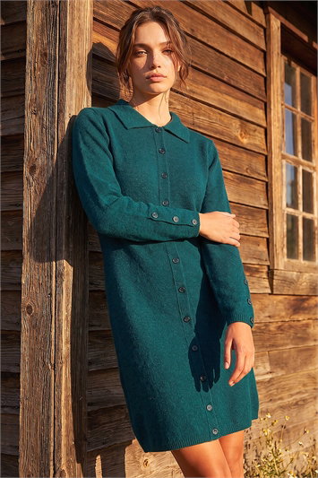 Green Petite Button Collar Knit Dress