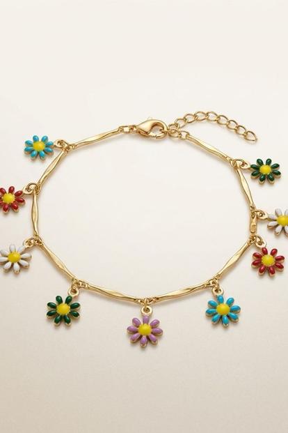 Metallic Colourful Rainbow Sun Flower Dangle Charms Indie Boho Daisy Summer Anklet