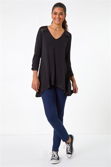 Floral Print Crochet Tunic Stretch Top 19372308