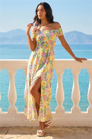 Yellow Floral Print Bardot Shirred Midi Dress