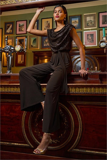 Brown Sequin Bodice Cowl Neck Jumpsuit