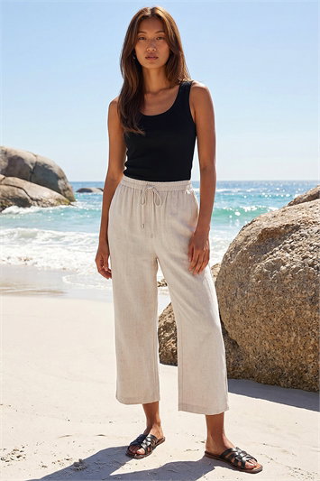 Cream Cropped Linen Blend Trouser