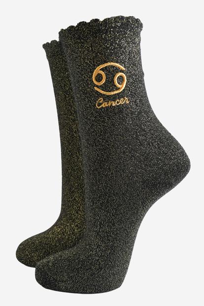 Black Embroiderd Cancer Zodiac Glitter Socks