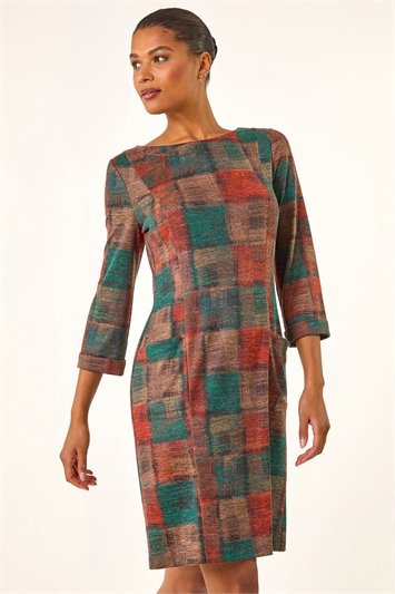 Orange Patchwork Print Shift Pocket Dress