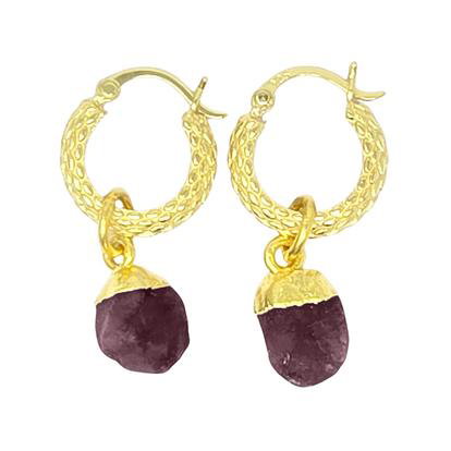 Metallic Raw Ruby July Birthstone Huggie Hoops Gold Vermeil Plated Gemstone Earrings
